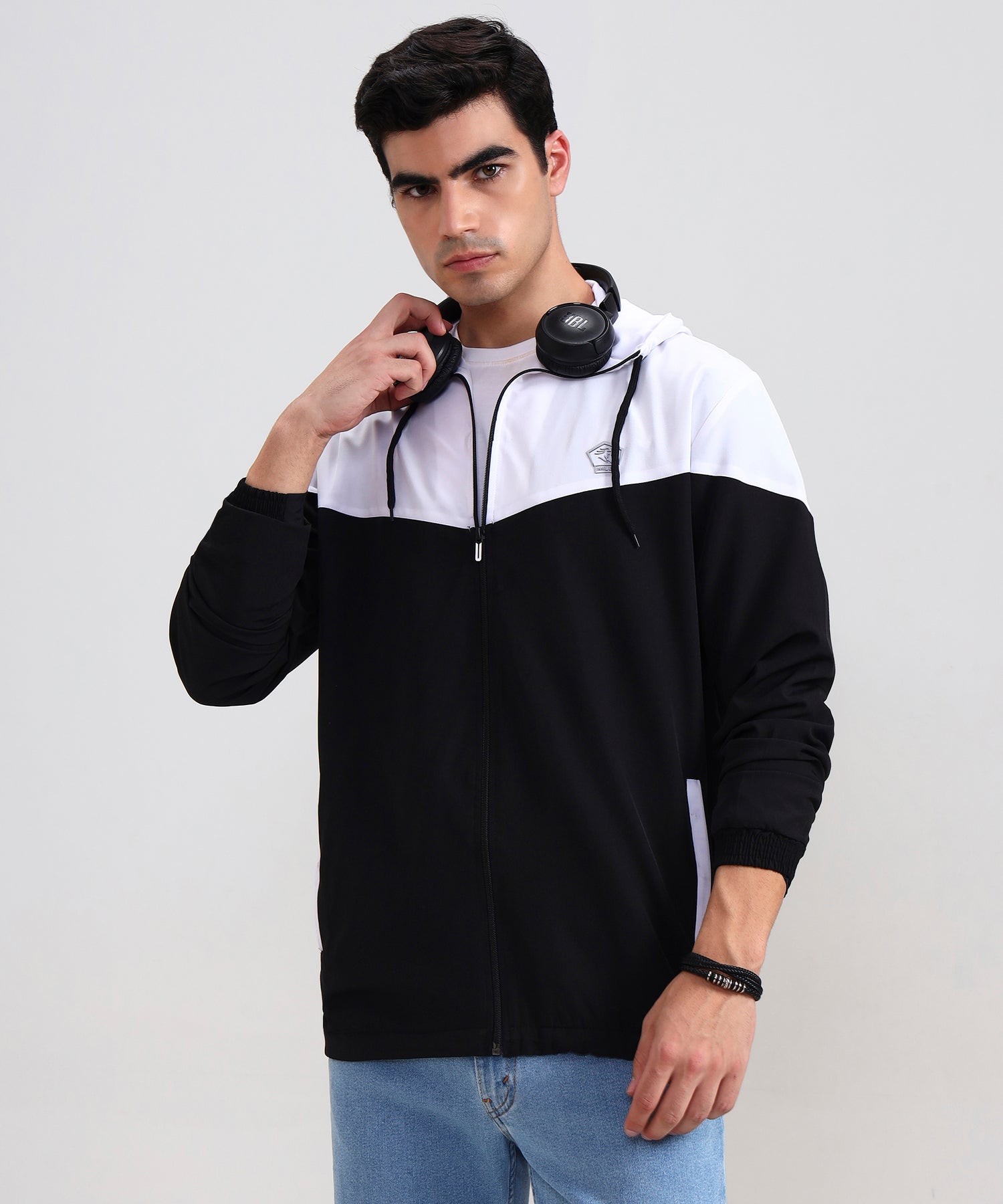 Stylish two-tone men’s hoodie in black and white, back design view for daily wear