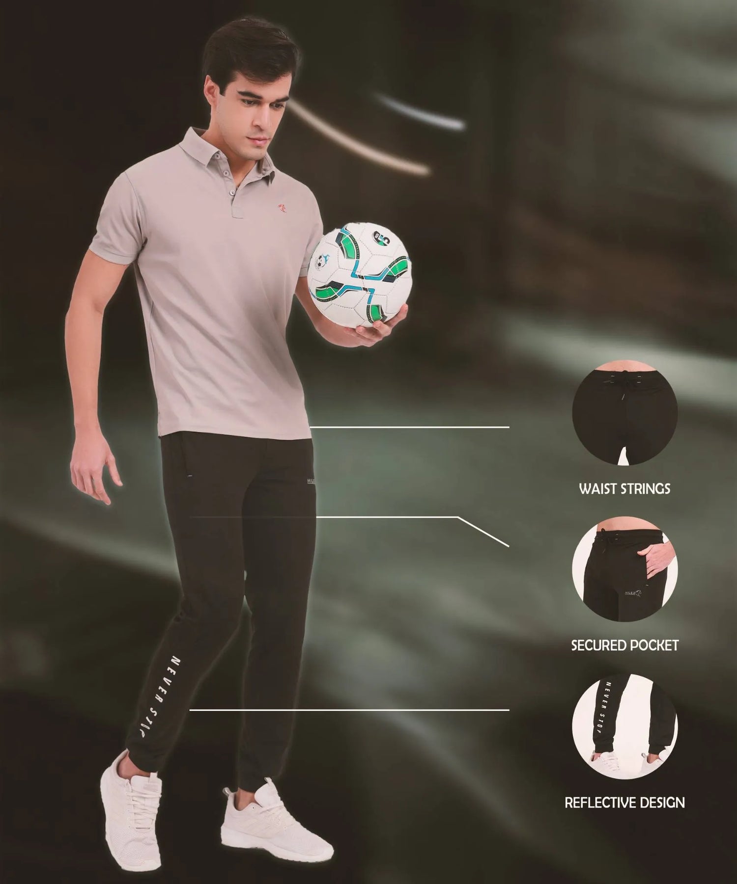 Black joggers with waist strings, secured pocket and reflective strip design for men.
