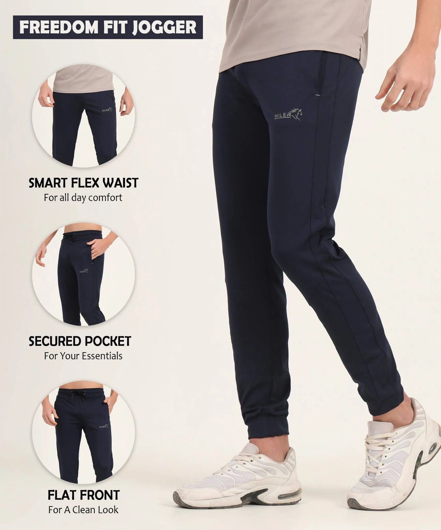 Freedom fit navy joggers with smart flex waist, secure pocket, and flat front clean design.