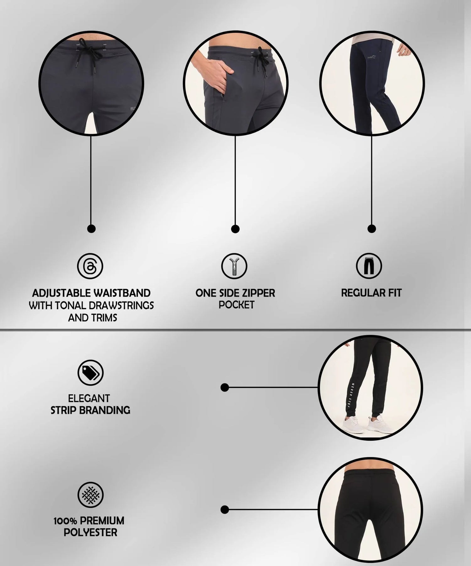 Men’s joggers with adjustable waistband, one side zipper pocket, regular fit, and premium polyester fabric.