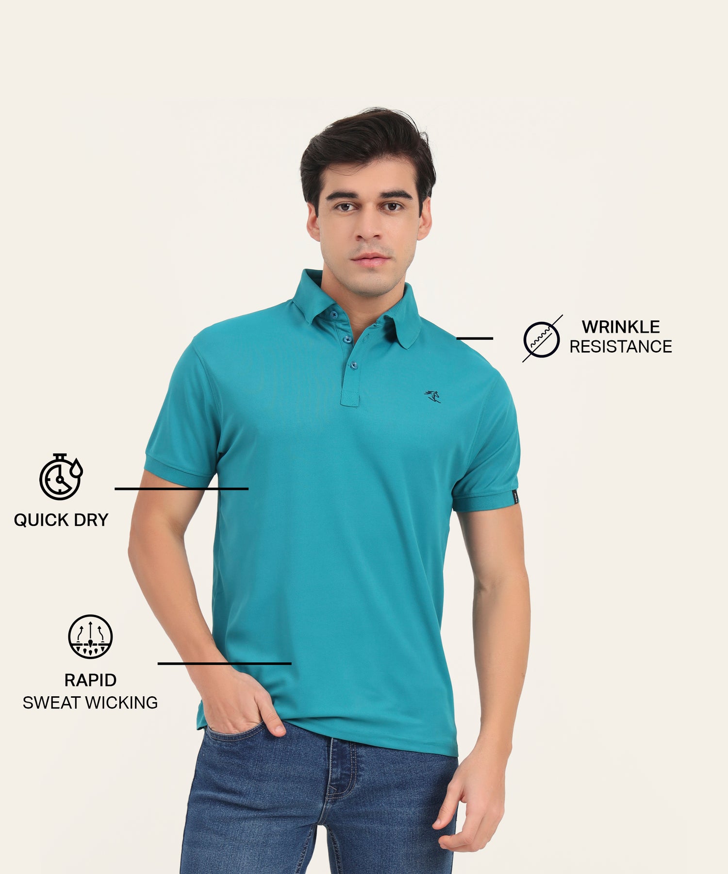 Men’s teal quick dry wrinkle resistant t-shirt with rapid sweat wicking fabric – activewear by Miler