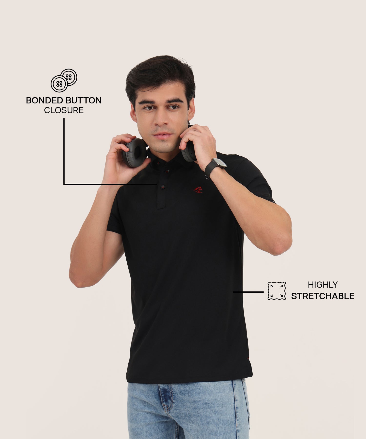 Men’s black slim fit stretchable t-shirt with bonded button closure – Miler comfort wear