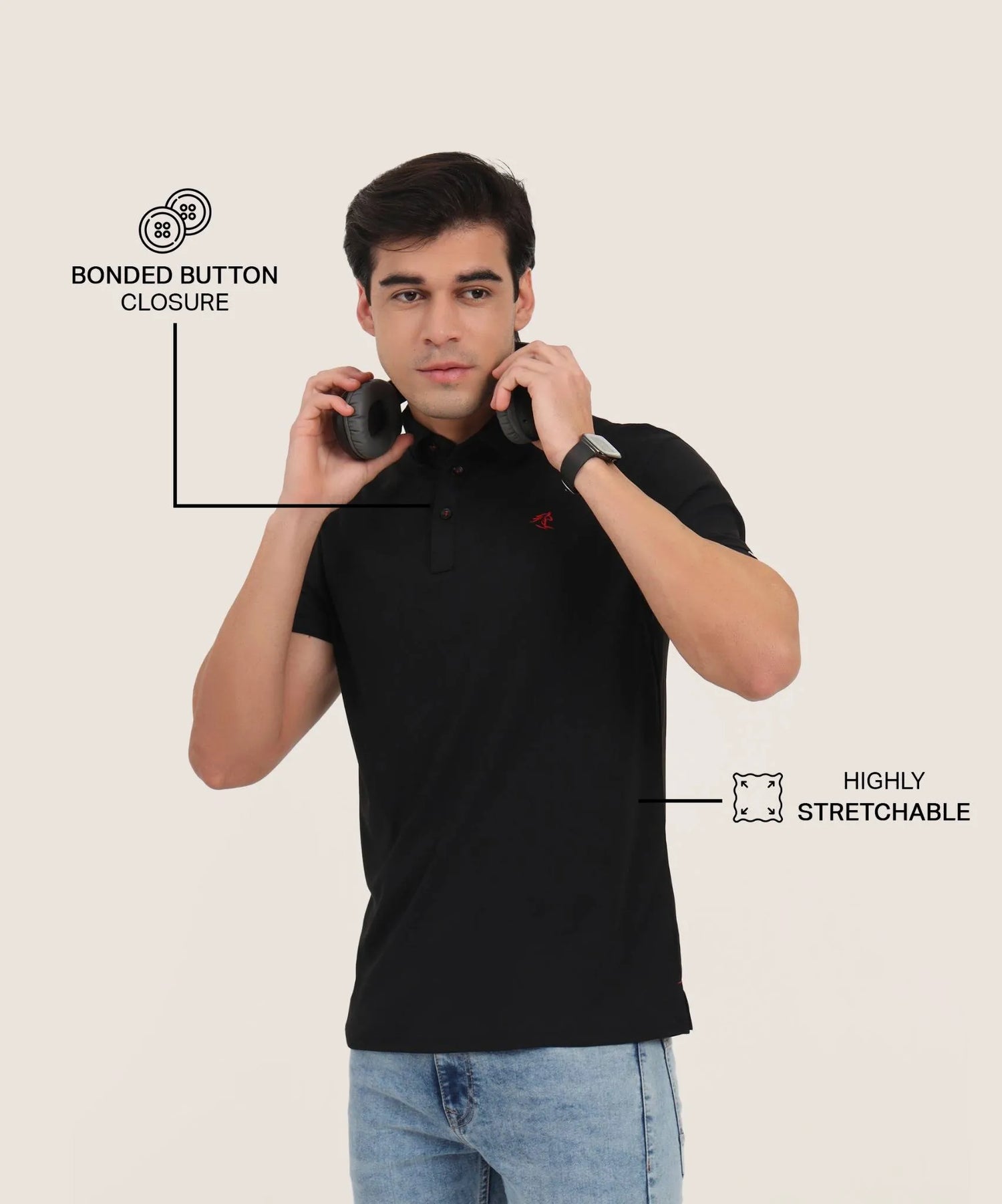 Man wearing a black polo shirt with text highlighting 'bonded button closure' and 'highly stretchable' features.