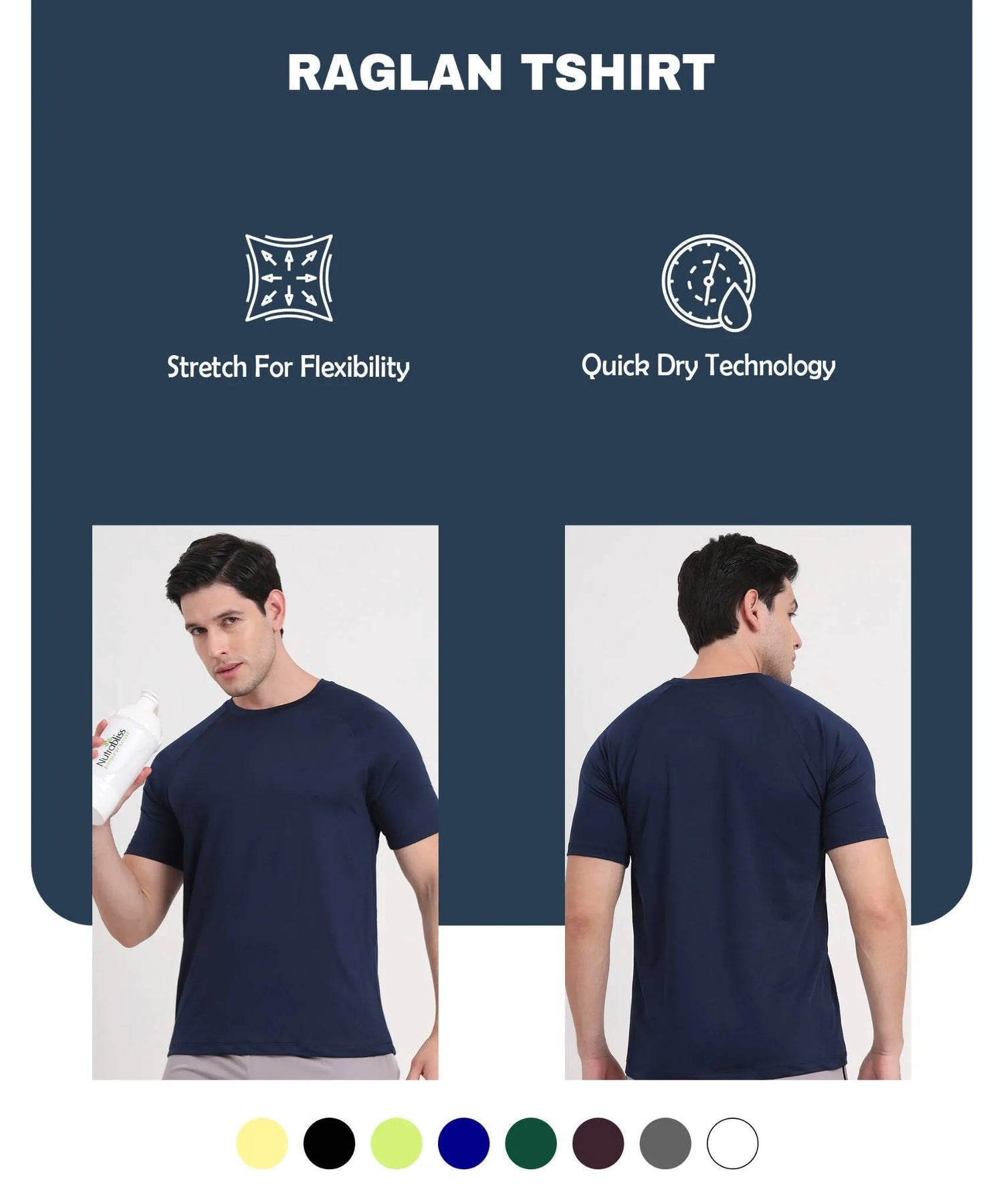 Navy blue raglan t-shirt with features and color options displayed on a dark blue background.