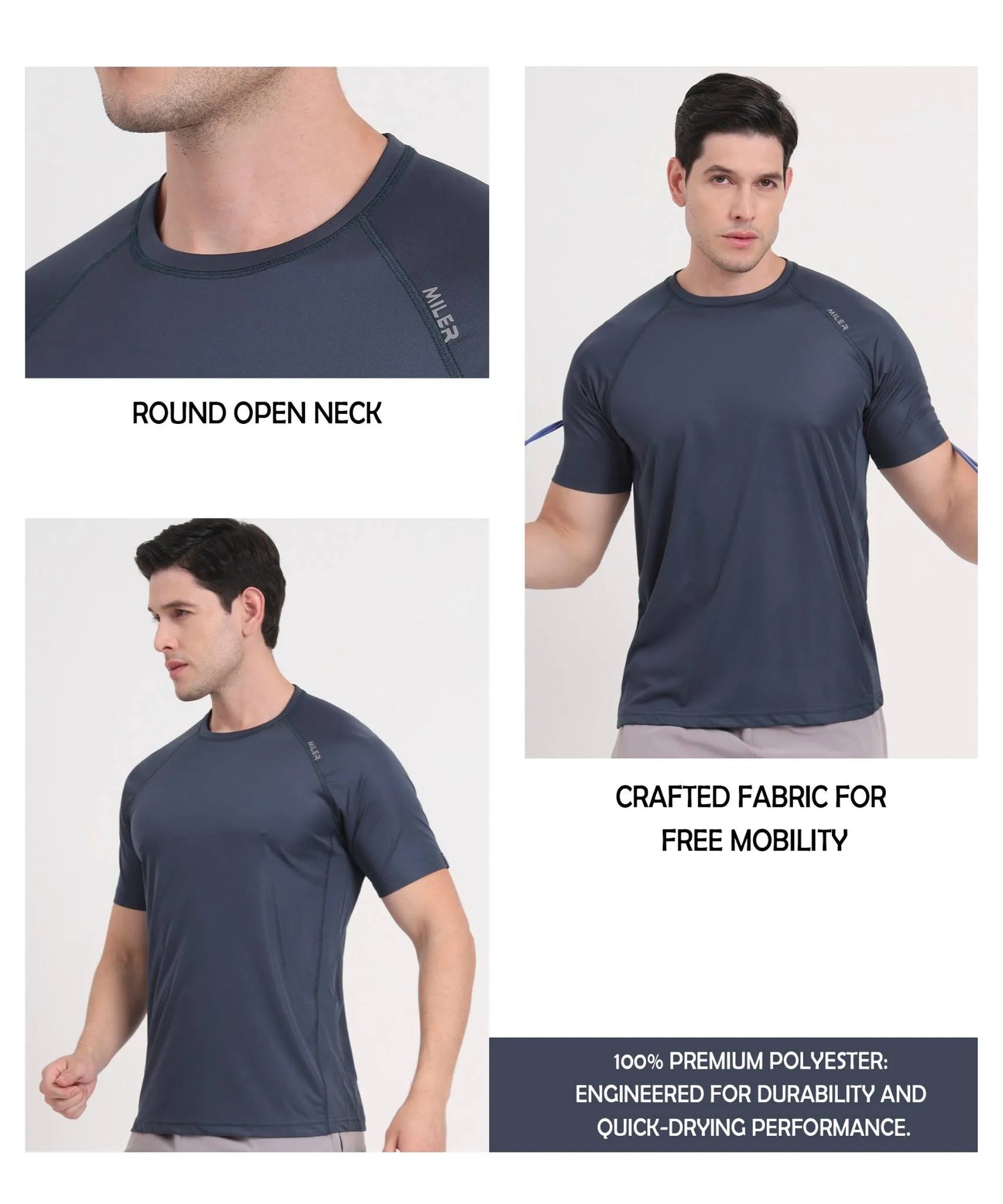 Nileka navy blue athletic t-shirt with text on fabric and design features.
