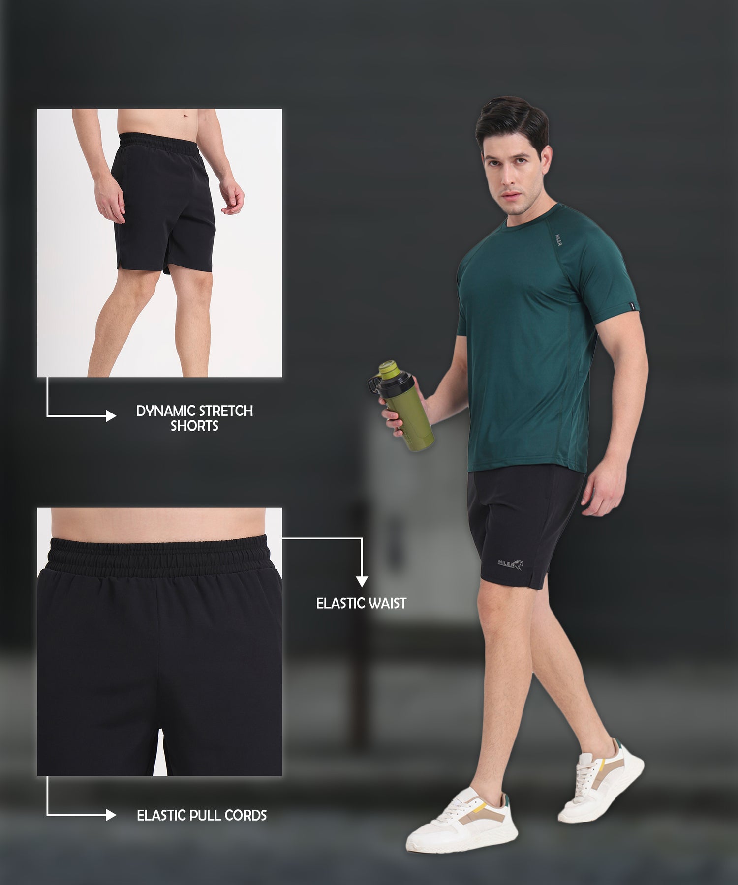 Men’s black casual shorts with elastic waist and pull cords – Miler everyday comfort wear