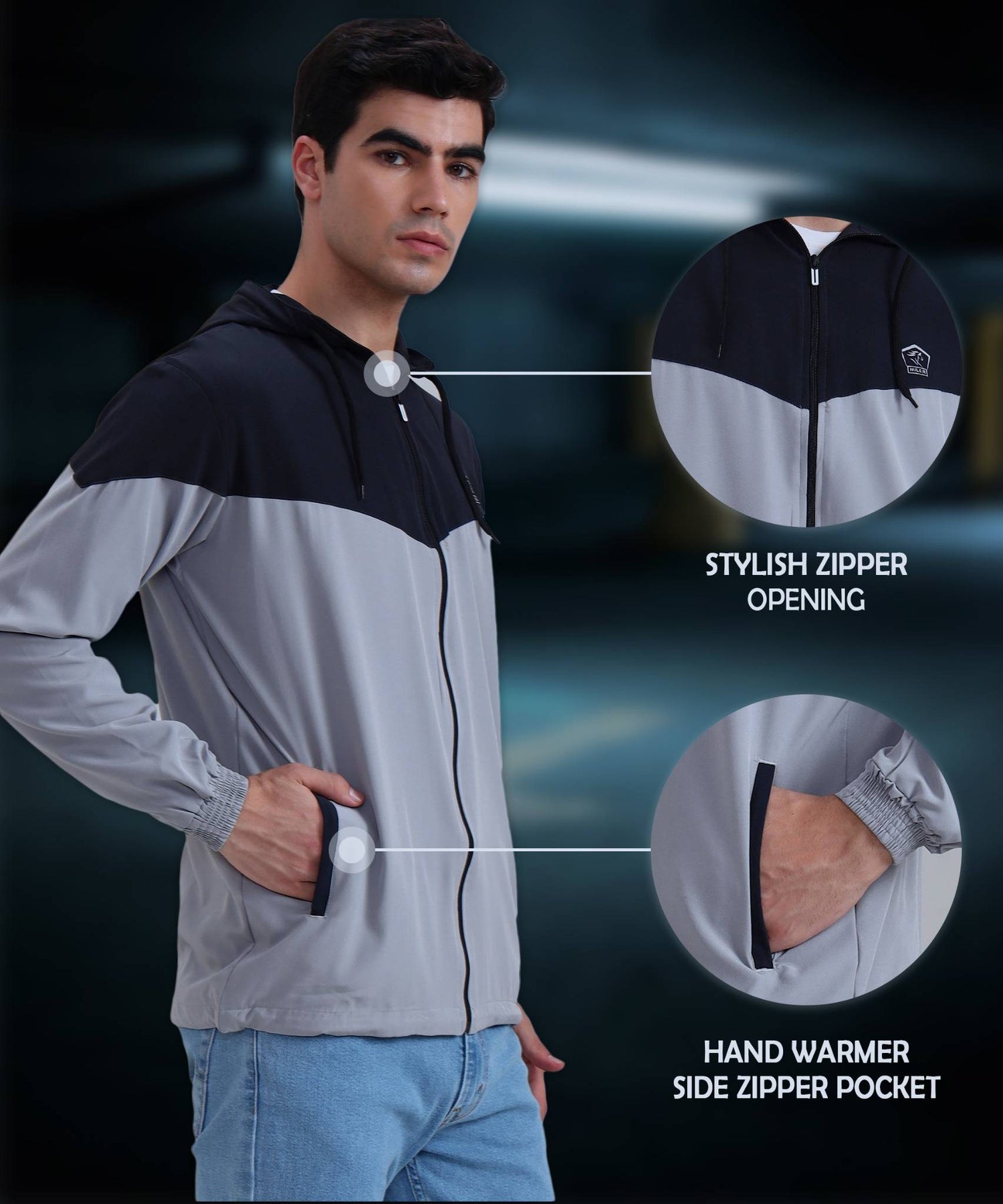 Men’s dual-tone jacket with stylish zipper opening and side hand warmer zipper pocket.