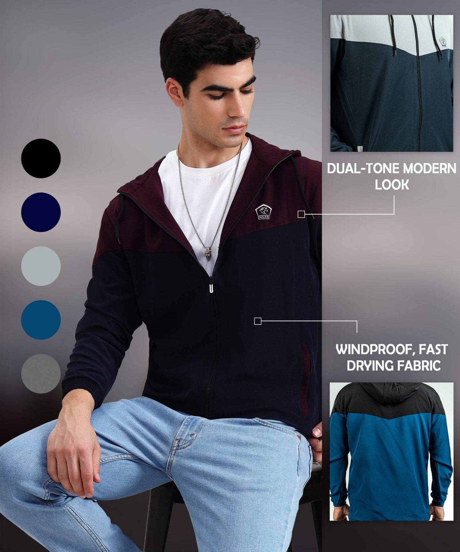 Dual-tone men’s jacket with modern styling, windproof fast drying fabric, and premium comfort finish.