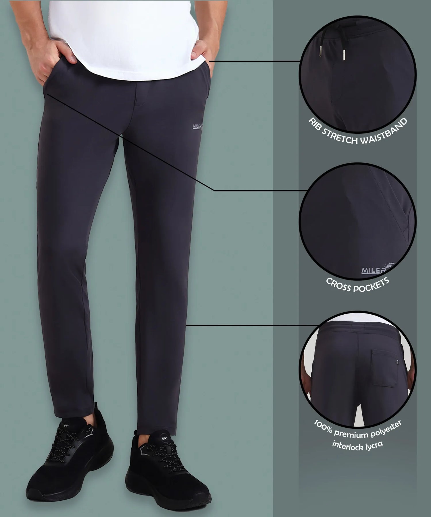 Miler men’s track pants with rib stretch waistband, cross pockets, and premium polyester lycra fabric.