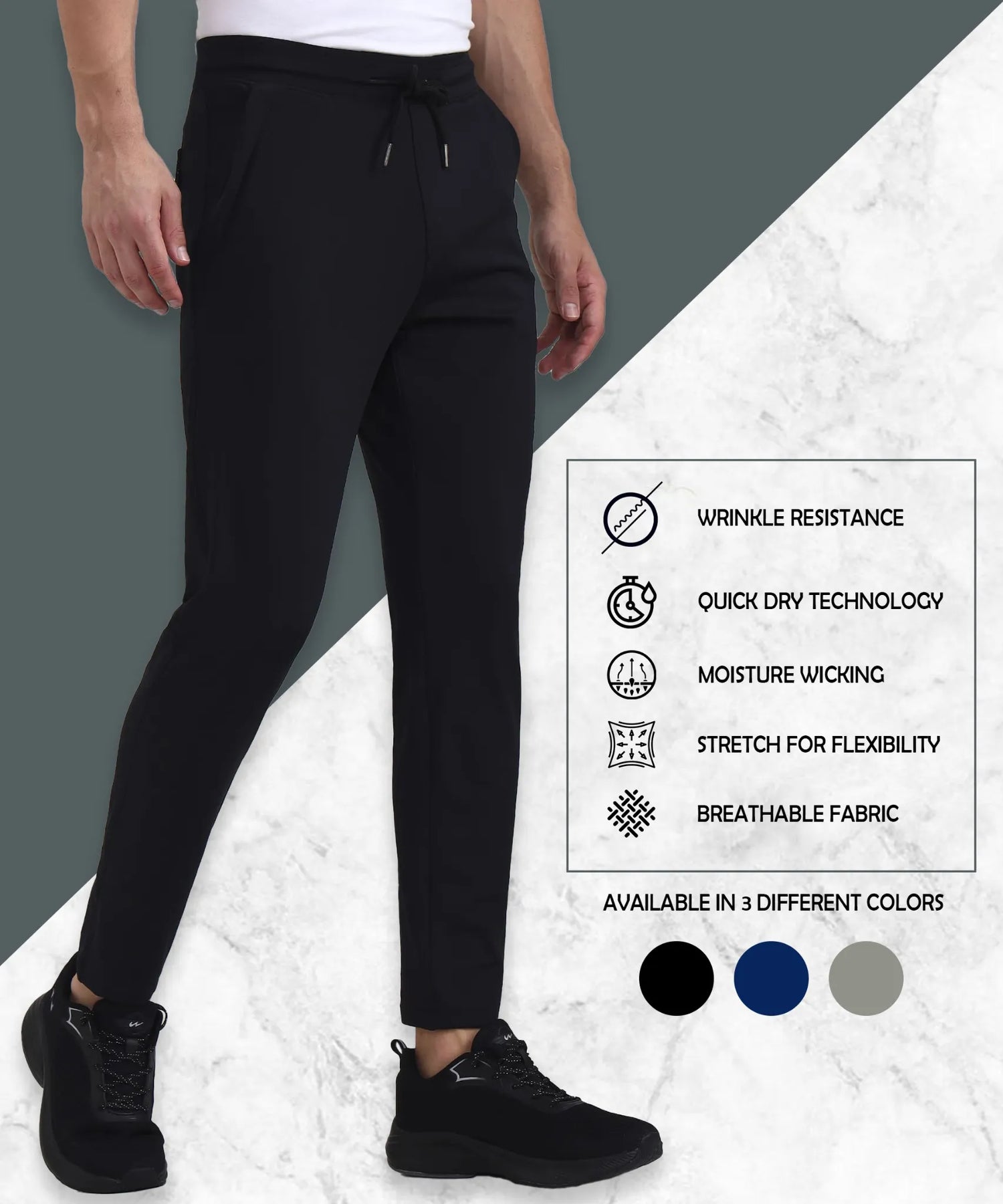 Black Miler men’s track pants with wrinkle resistance, quick dry, and breathable fabric, available in 3 colors.