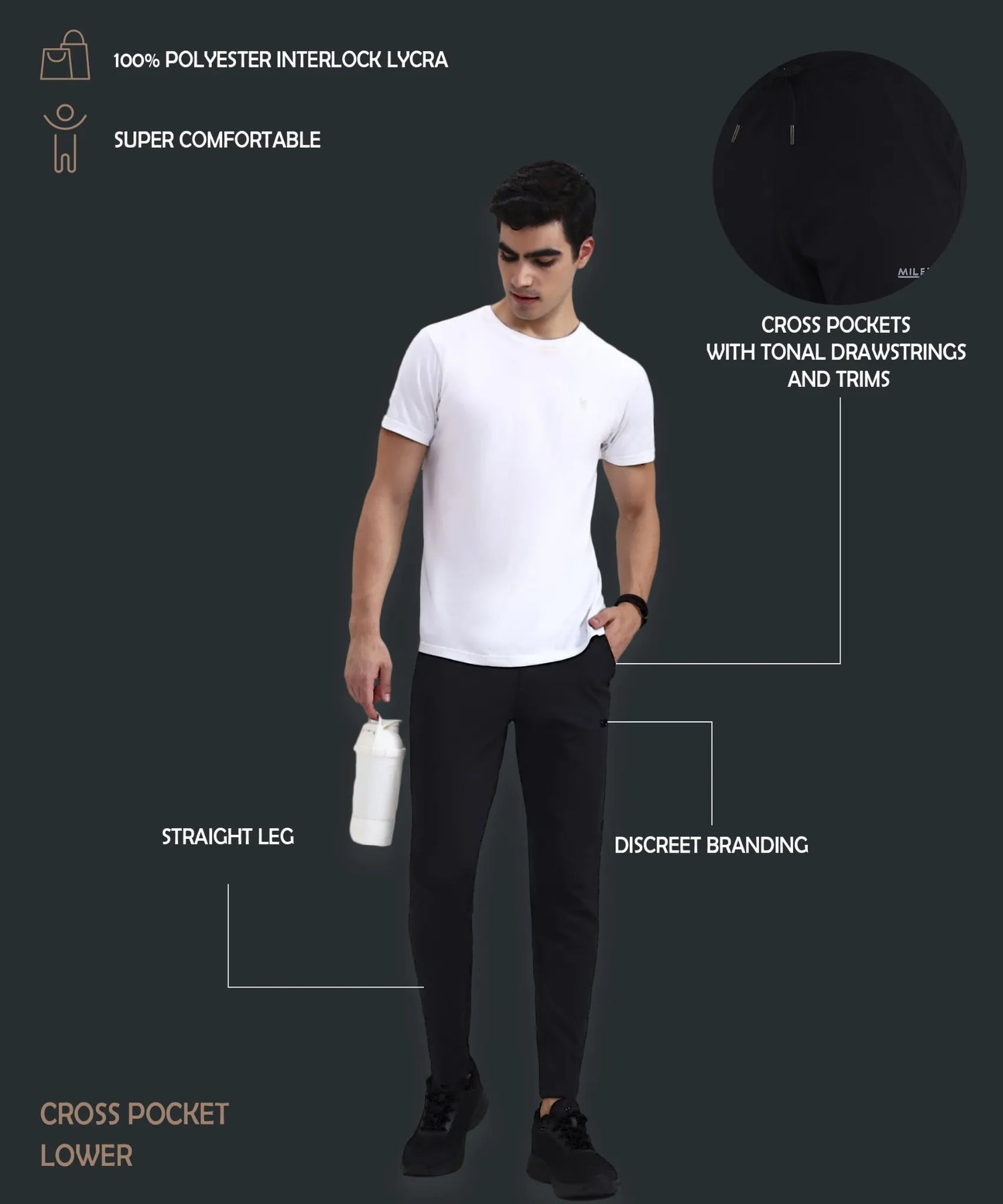 Miler straight leg track pants with discreet branding, tonal drawstrings, and cross pockets.