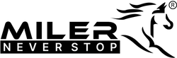 Miler logo with a horse silhouette and 'Never Stop' text on a black background